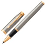 Ручка-роллер PARKER "IM Core Brushed Metal GT", корпус серебристый матовый лак, позолоченные детали, черная, 1931663 — фото 1 / 2